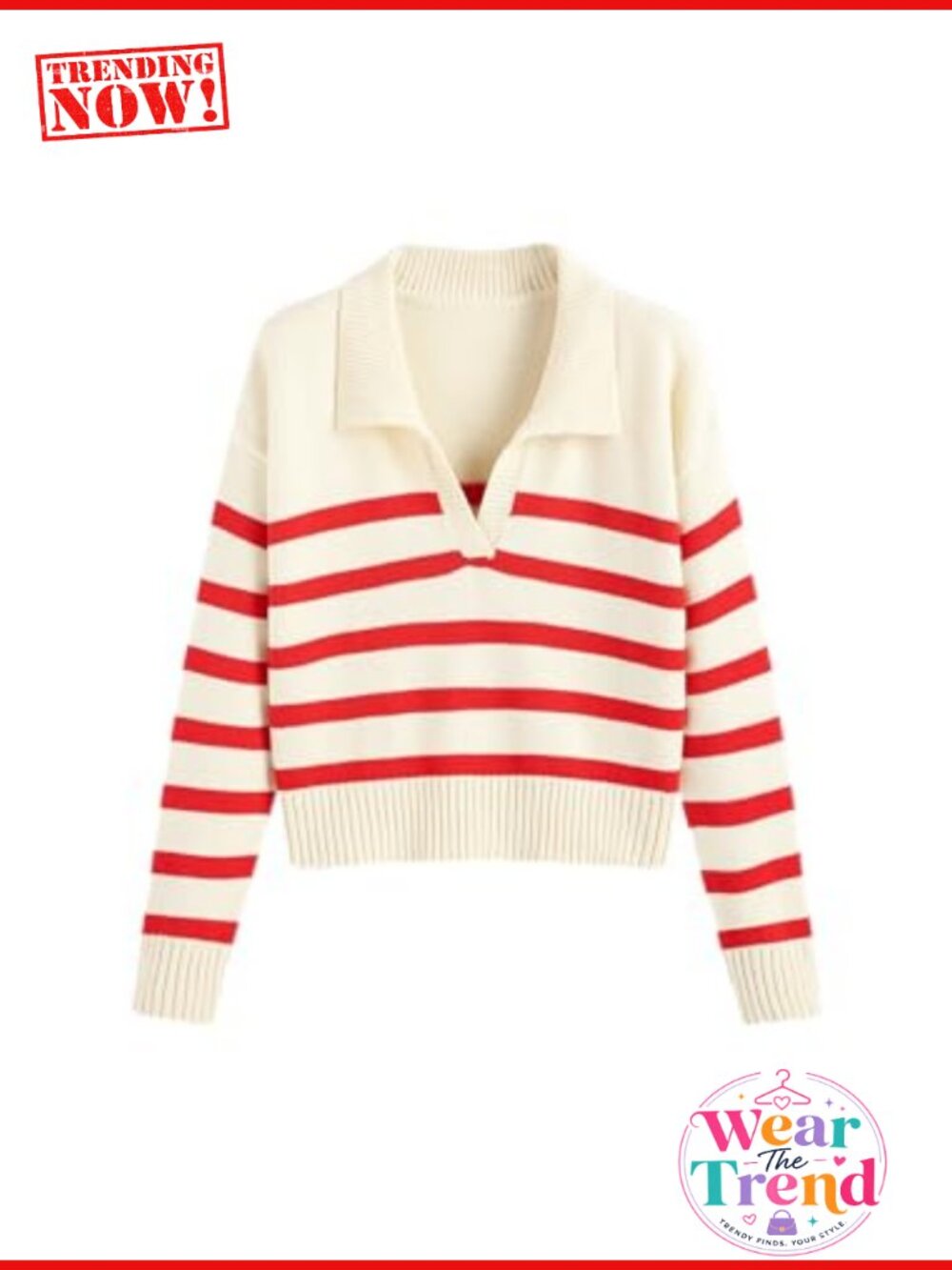 Striped Polo Sweater Oversized Long Sleeve Mandarin Collar Knit Pullover